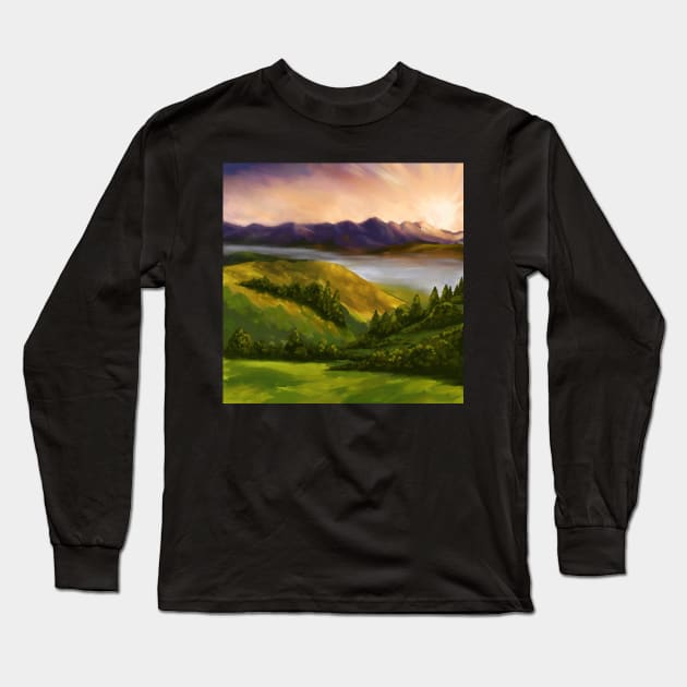 Sunset Mountains Landscape Oil Painting Long Sleeve T-Shirt by Kraina